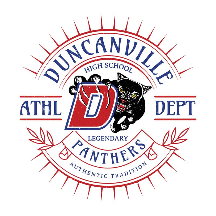 Close-up view of Duncanville High School Panthers Unisex 3/4 sleeve Raglan T-shirt 201