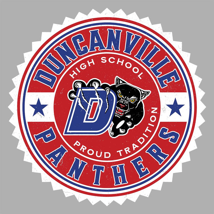 Close-up view of Duncanville High School Panthers Unisex 3/4 sleeve Raglan T-shirt 203