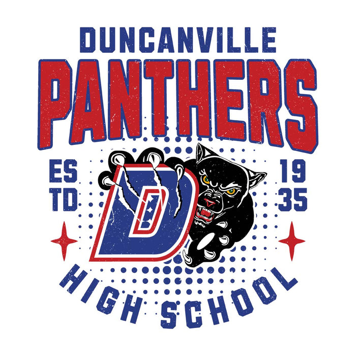 Close-up view of Duncanville High School Panthers Unisex 3/4 sleeve Raglan T-shirt 204