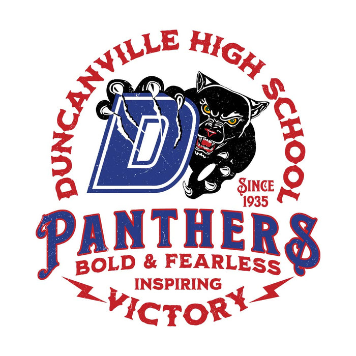 Close-up view of Duncanville High School Panthers Unisex 3/4 sleeve Raglan T-shirt 206