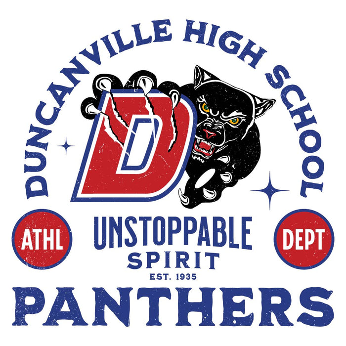 Close-up view of Duncanville High School Panthers Unisex 3/4 sleeve Raglan T-shirt 208