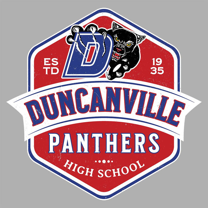 Close-up view of Duncanville High School Panthers Unisex 3/4 sleeve Raglan T-shirt 209