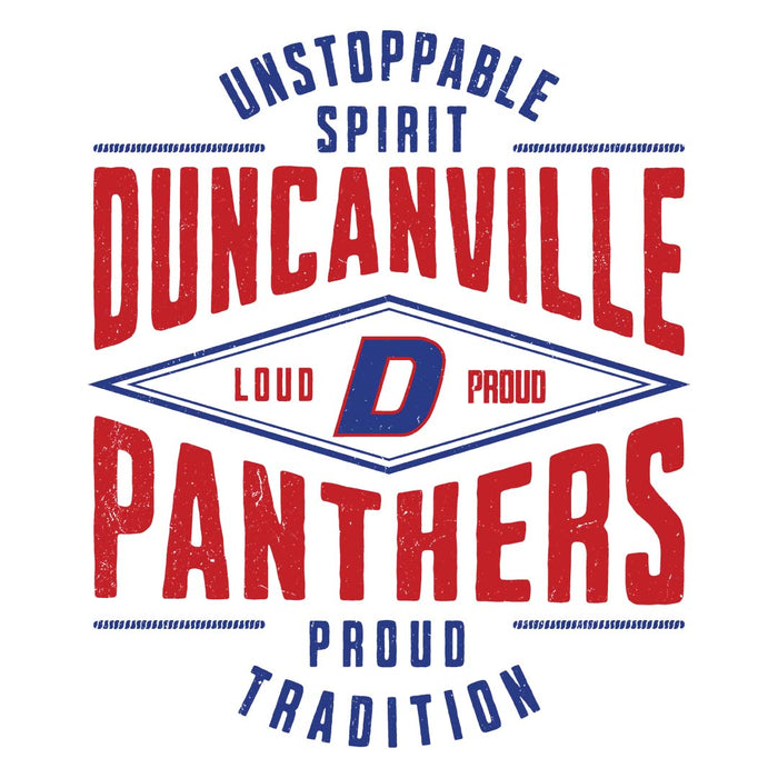 Close-up view of Duncanville High School Panthers Unisex 3/4 sleeve Raglan T-shirt 210