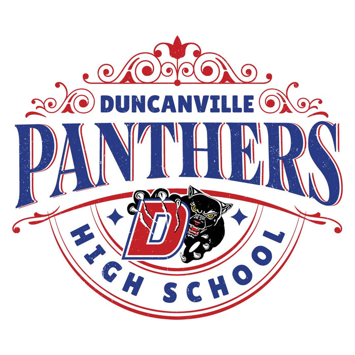 Close-up view of Duncanville High School Panthers Unisex 3/4 sleeve Raglan T-shirt 211