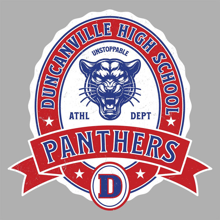 Close-up view of Duncanville High School Panthers Unisex 3/4 sleeve Raglan T-shirt 212
