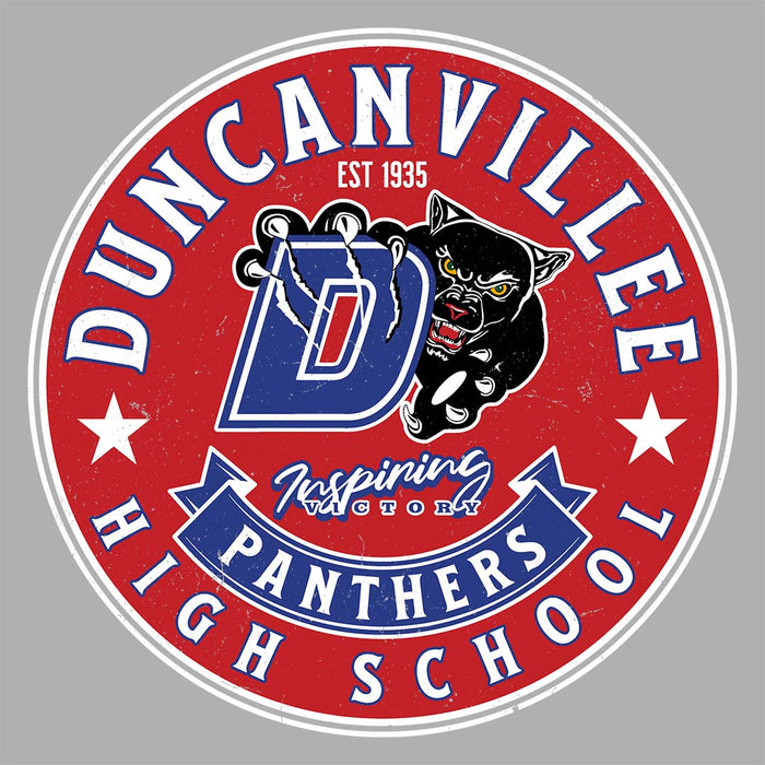 Close-up view of Duncanville High School Panthers Unisex 3/4 sleeve Raglan T-shirt 215