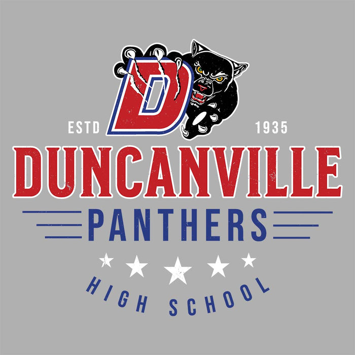 Close-up view of Duncanville High School Panthers Unisex 3/4 sleeve Raglan T-shirt 217