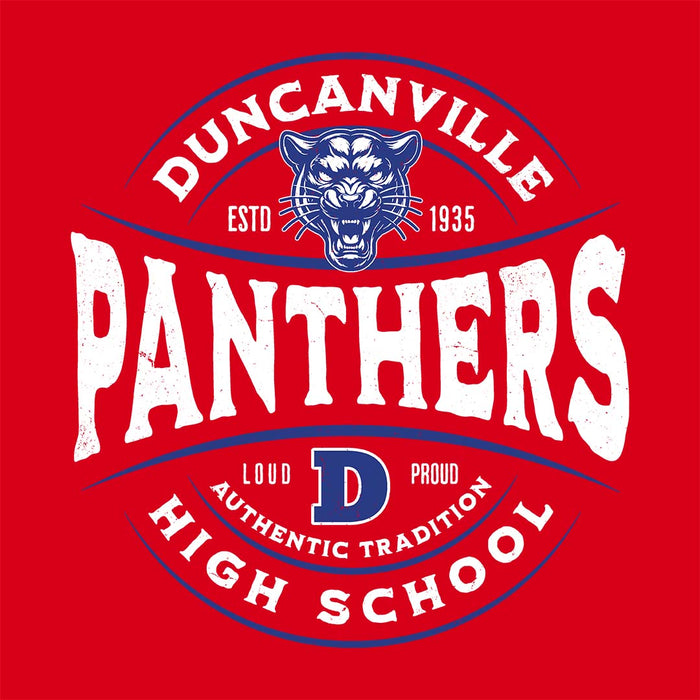 Close-up view of Duncanville High School Panthers Women's Red SoftStyle T-shirt 218