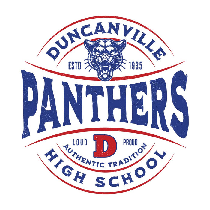 Close-up view of Duncanville High School Panthers Unisex 3/4 sleeve Raglan T-shirt 218