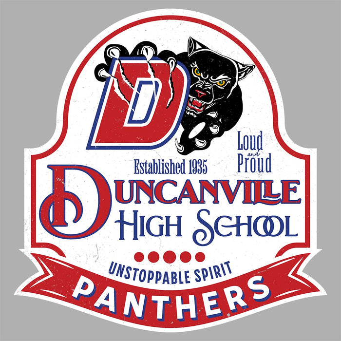 Close-up view of Duncanville High School Panthers Unisex 3/4 sleeve Raglan T-shirt 219