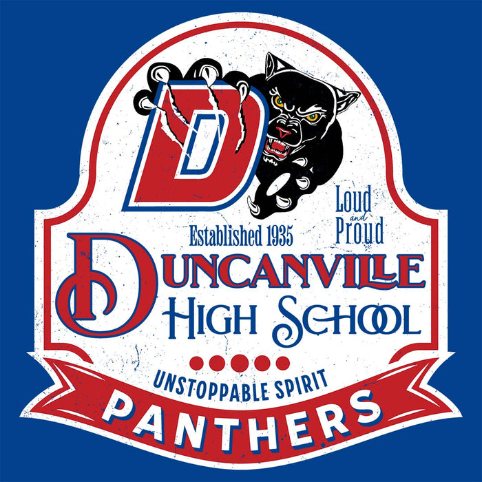 Close-up view of Duncanville High School Panthers Women's Royal Blue SoftStyle T-shirt 219