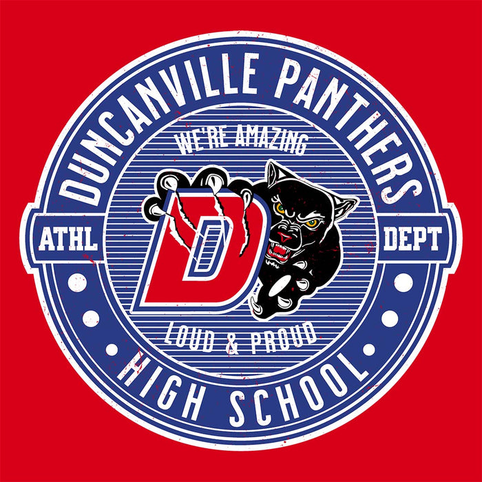 Close-up view of Duncanville High School Panthers Women's Red SoftStyle T-shirt 224