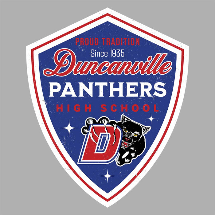 Close-up view of Duncanville High School Panthers Unisex 3/4 sleeve Raglan T-shirt 225