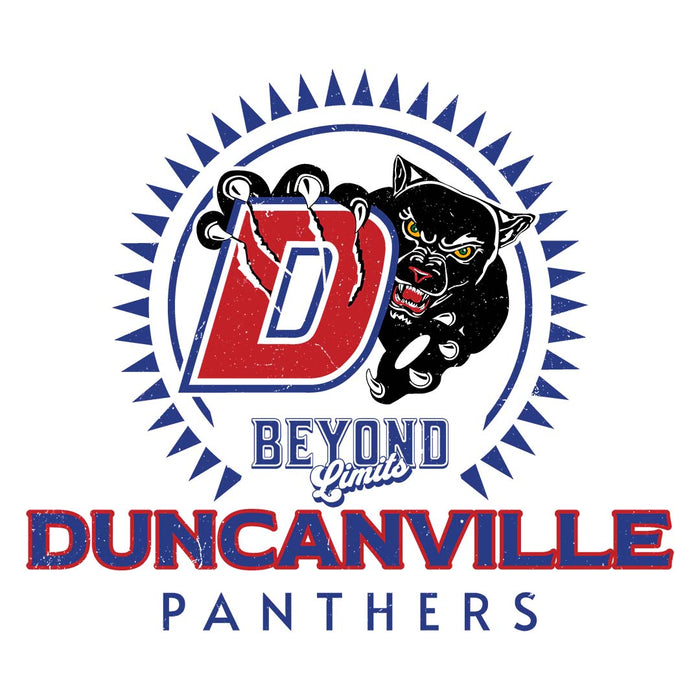Close-up view of Duncanville High School Panthers Unisex 3/4 sleeve Raglan T-shirt 226