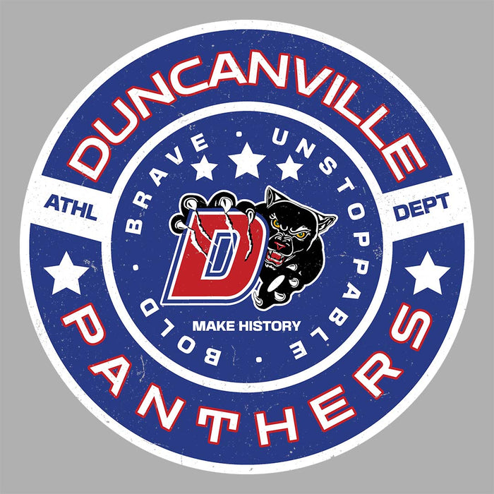 Close-up view of Duncanville High School Panthers Unisex 3/4 sleeve Raglan T-shirt 239