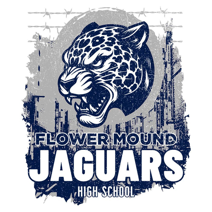 Close-up view of Flower Mound High School Jaguars Unisex 3/4 sleeve Raglan T-shirt 202