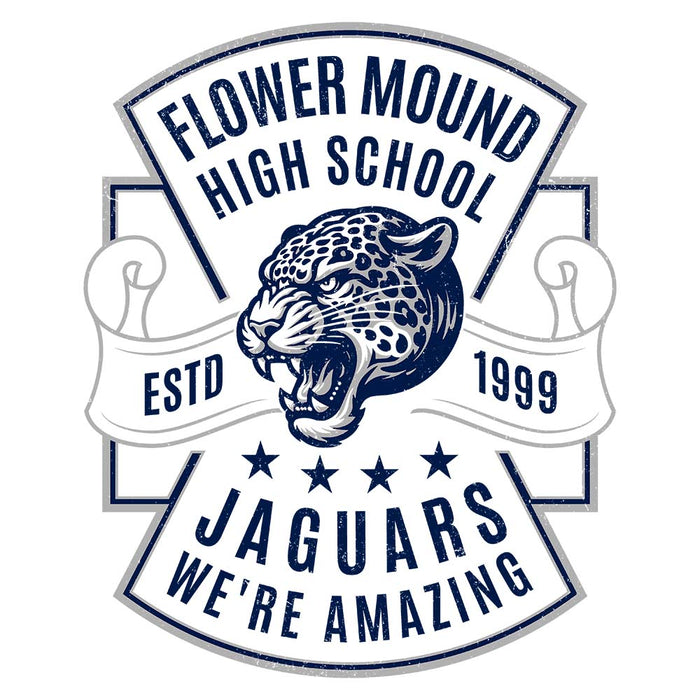 Close-up view of Flower Mound High School Jaguars Unisex 3/4 sleeve Raglan T-shirt 207