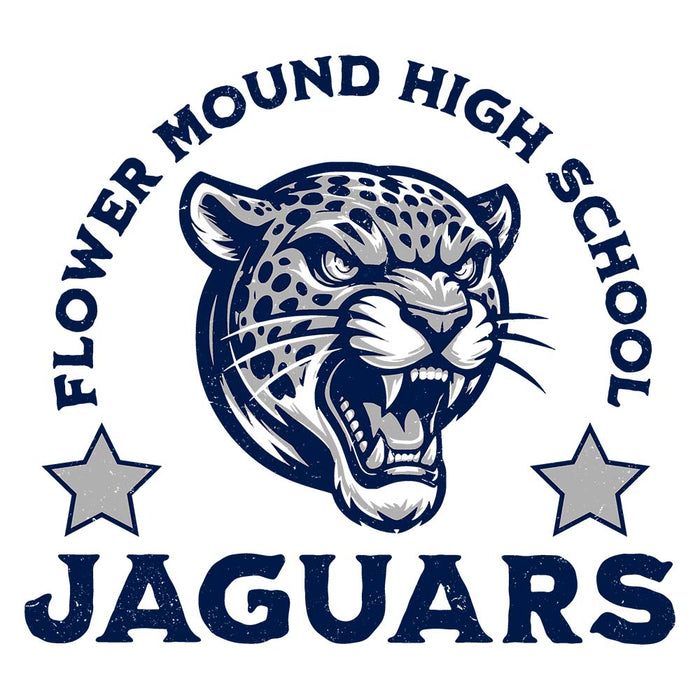 Close-up view of Flower Mound High School Jaguars Unisex 3/4 sleeve Raglan T-shirt 208