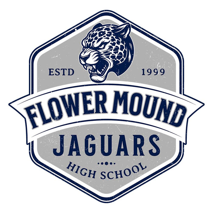 Close-up view of Flower Mound High School Jaguars Unisex 3/4 sleeve Raglan T-shirt 209