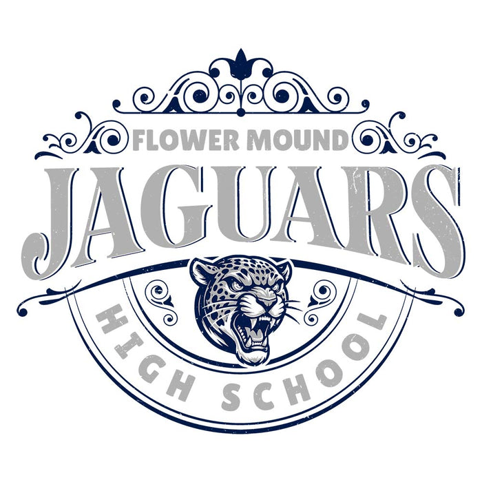 Close-up view of Flower Mound High School Jaguars Unisex 3/4 sleeve Raglan T-shirt 211