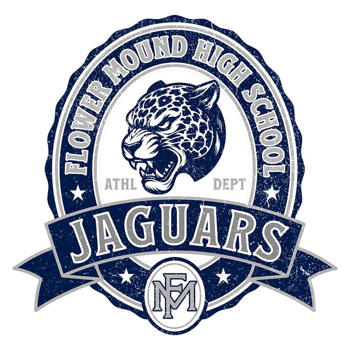 Close-up view of Flower Mound High School Jaguars Unisex 3/4 sleeve Raglan T-shirt 212