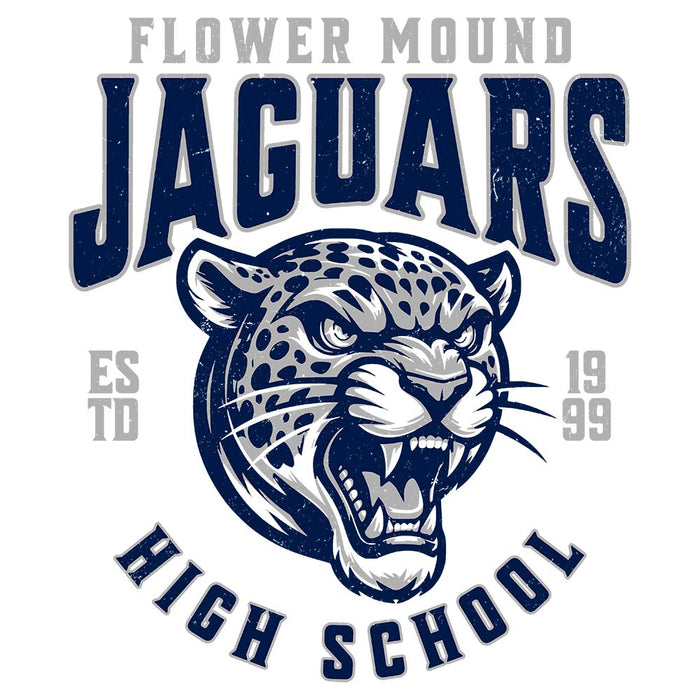 Close-up view of Flower Mound High School Jaguars Unisex 3/4 sleeve Raglan T-shirt 213