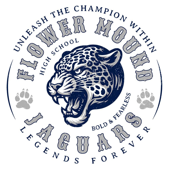 Close-up view of Flower Mound High School Jaguars Unisex 3/4 sleeve Raglan T-shirt 214