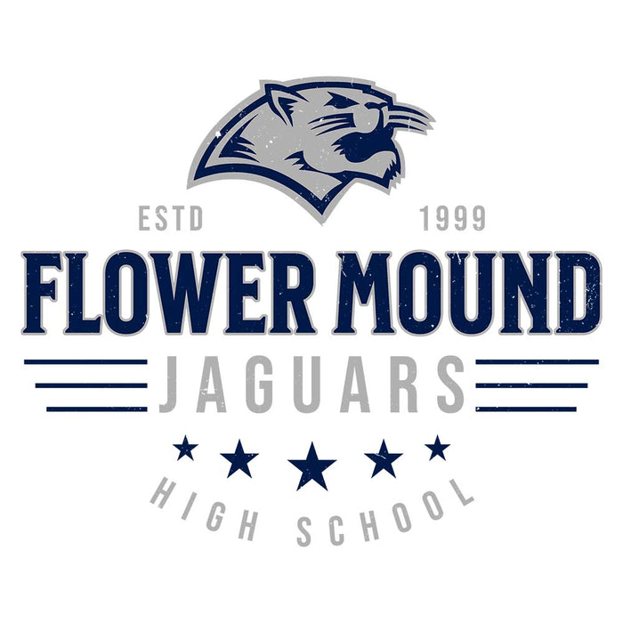 Close-up view of Flower Mound High School Jaguars Unisex 3/4 sleeve Raglan T-shirt 217