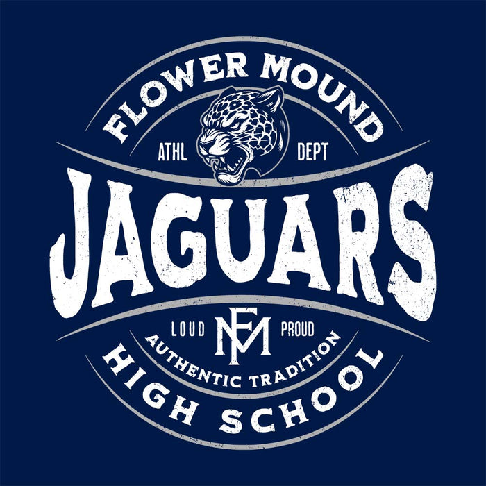 Close-up view of Flower Mound High School Jaguars Navy Blue Premium T-shirt 218