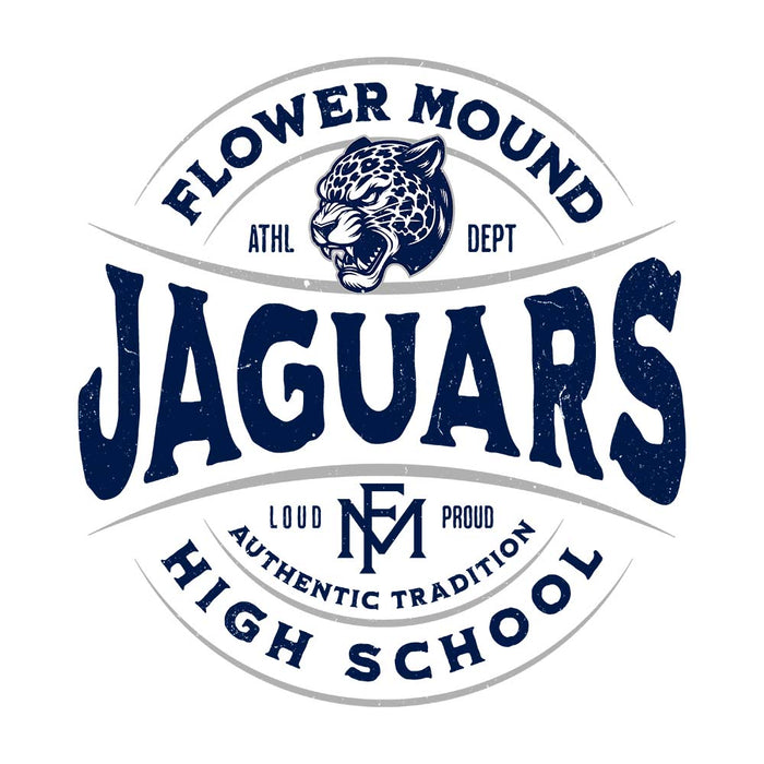 Close-up view of Flower Mound High School Jaguars Unisex 3/4 sleeve Raglan T-shirt 218