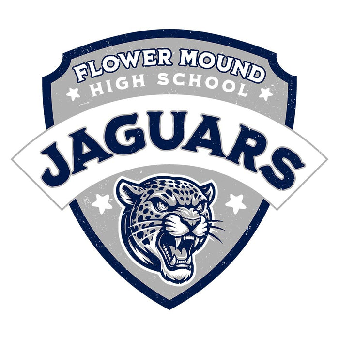 Close-up view of Flower Mound High School Jaguars Unisex 3/4 sleeve Raglan T-shirt 221