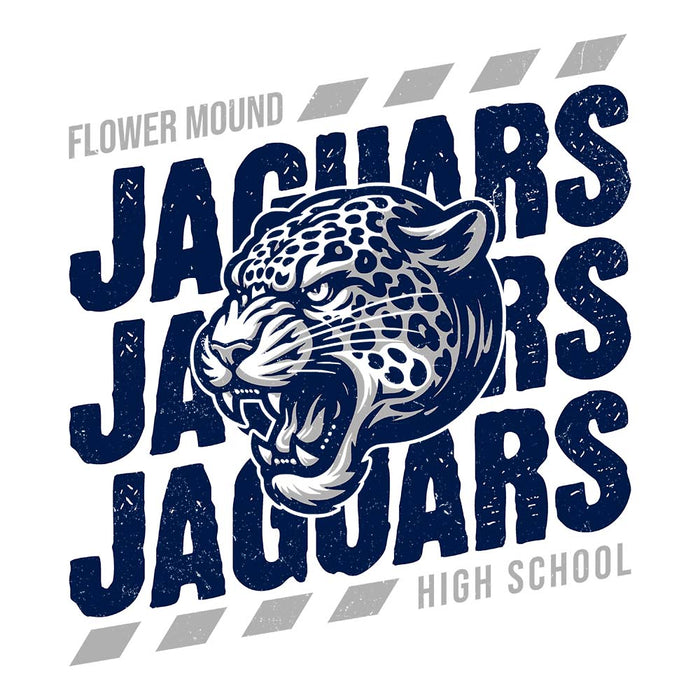 Close-up view of Flower Mound High School Jaguars Unisex 3/4 sleeve Raglan T-shirt 223