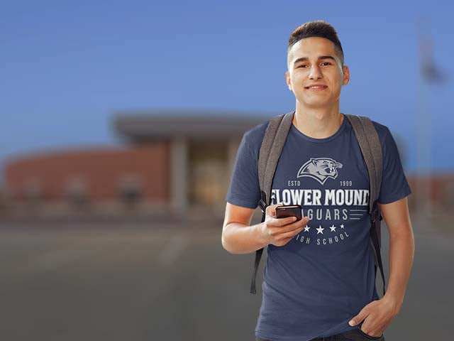 Male student wearing a Flower Mound High School Jaguars Premium Unisex T-shirts All Products Page