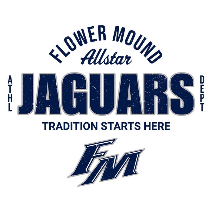 Close-up view of Flower Mound High School Jaguars Unisex 3/4 sleeve Raglan T-shirt 040