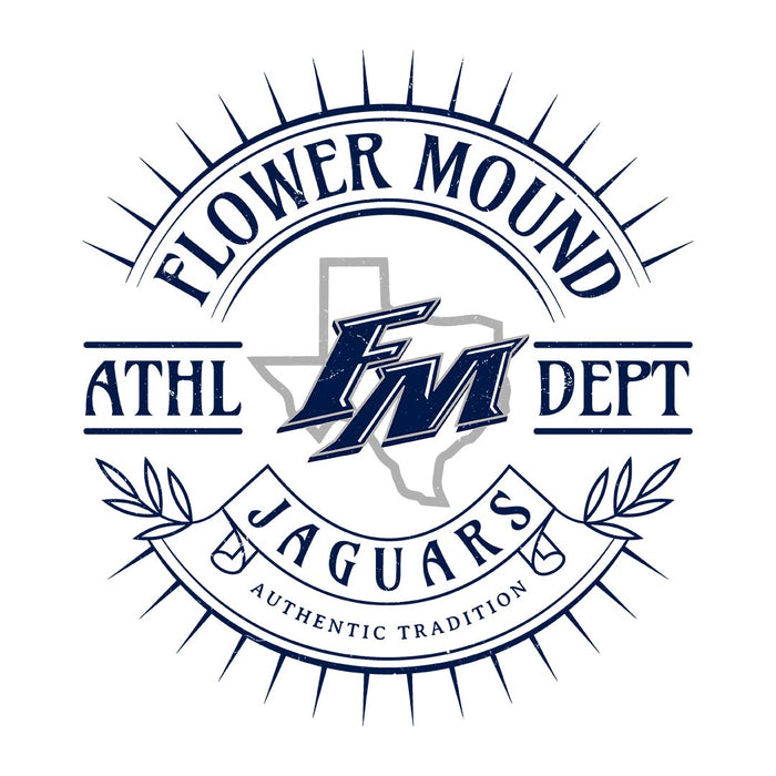 Close-up view of Flower Mound High School Jaguars Unisex 3/4 sleeve Raglan T-shirt 201