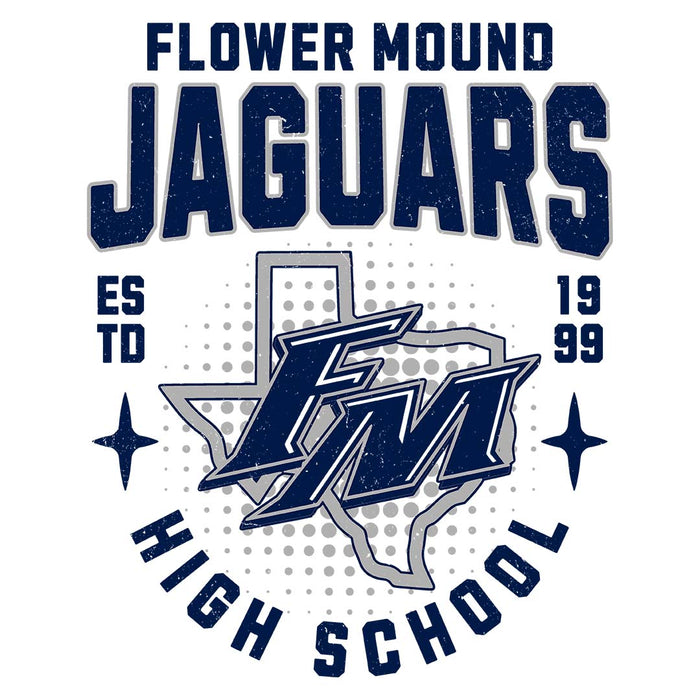 Close-up view of Flower Mound High School Jaguars Unisex 3/4 sleeve Raglan T-shirt 204
