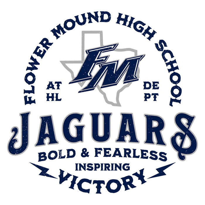 Close-up view of Flower Mound High School Jaguars Unisex 3/4 sleeve Raglan T-shirt 206