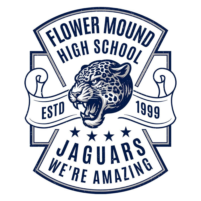 Close-up view of Flower Mound High School Jaguars Unisex 3/4 sleeve Raglan T-shirt 207