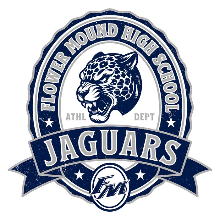 Close-up view of Flower Mound High School Jaguars Unisex 3/4 sleeve Raglan T-shirt 212