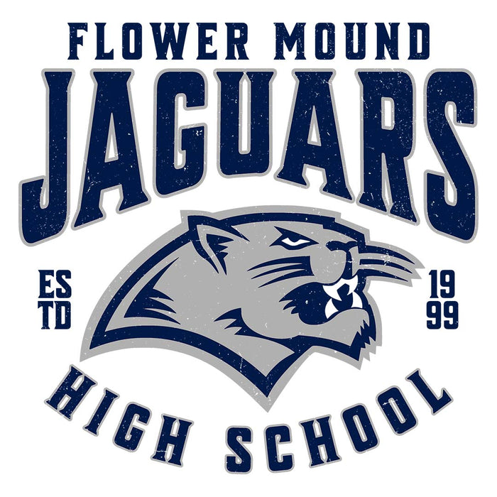 Close-up view of Flower Mound High School Jaguars Unisex 3/4 sleeve Raglan T-shirt 213
