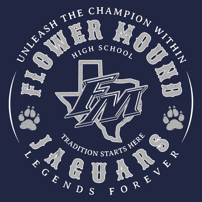 Close-up view of Flower Mound High School Jaguars Women's Navy Blue SoftStyle T-shirt 214