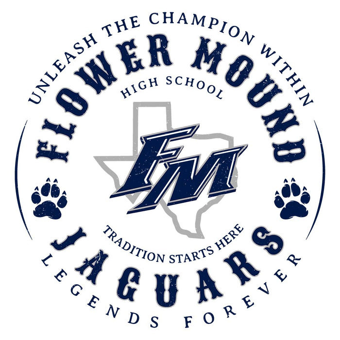 Close-up view of Flower Mound High School Jaguars Unisex 3/4 sleeve Raglan T-shirt 214
