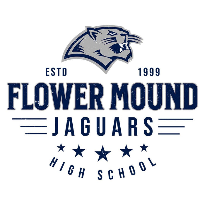 Close-up view of Flower Mound High School Jaguars Unisex 3/4 sleeve Raglan T-shirt 217