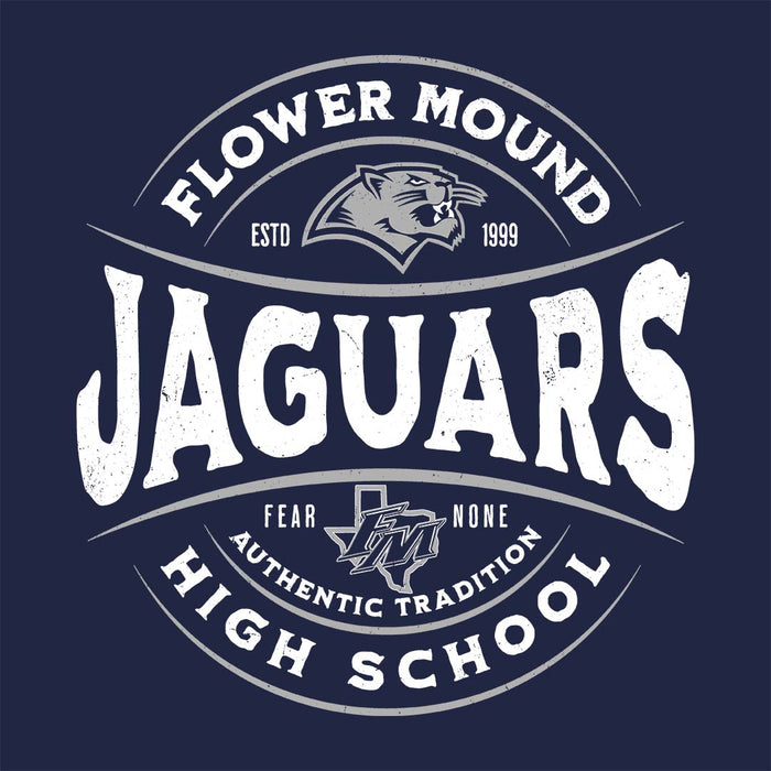 Close-up view of Flower Mound High School Jaguars Women's Navy Blue SoftStyle T-shirt 218