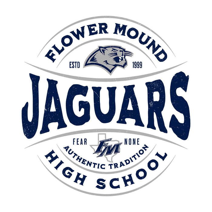 Close-up view of Flower Mound High School Jaguars Unisex 3/4 sleeve Raglan T-shirt 218