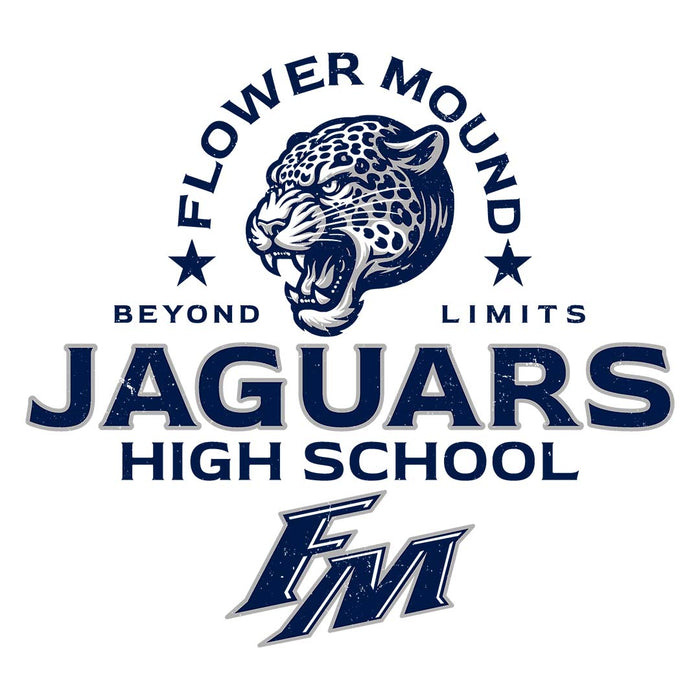 Close-up view of Flower Mound High School Jaguars Unisex 3/4 sleeve Raglan T-shirt 222
