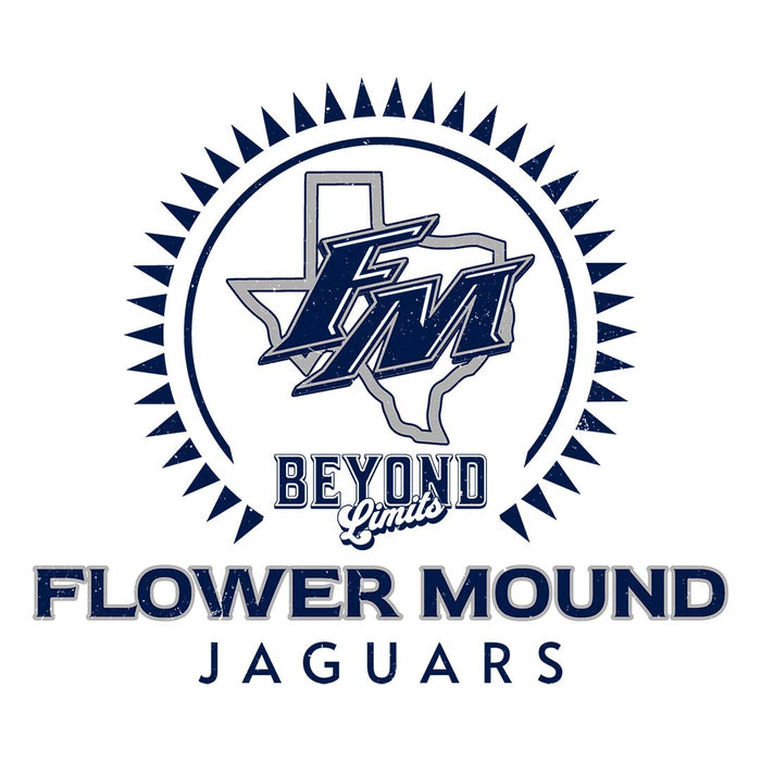 Close-up view of Flower Mound High School Jaguars Unisex 3/4 sleeve Raglan T-shirt 226