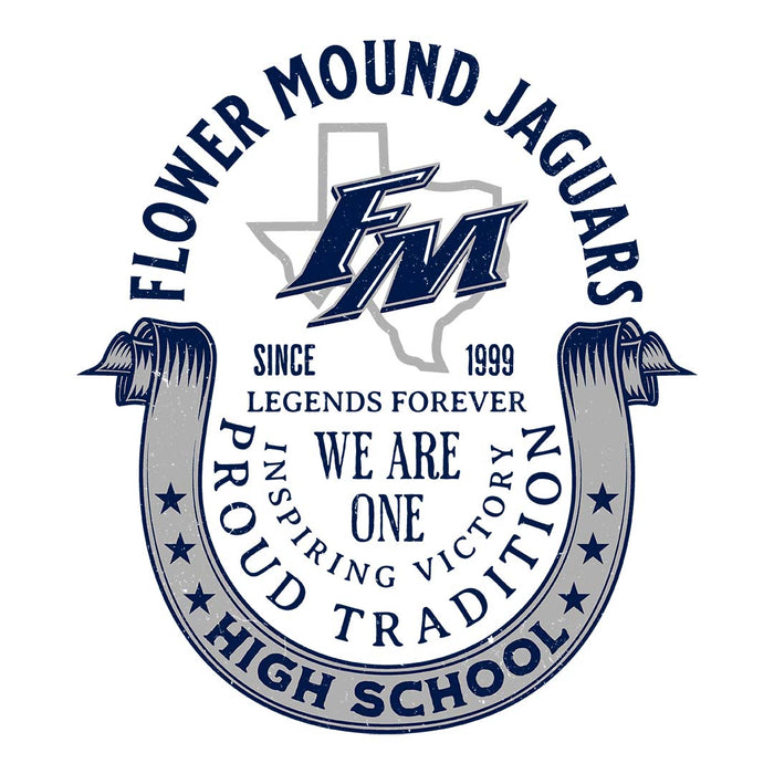 Close-up view of Flower Mound High School Jaguars Unisex 3/4 sleeve Raglan T-shirt 229