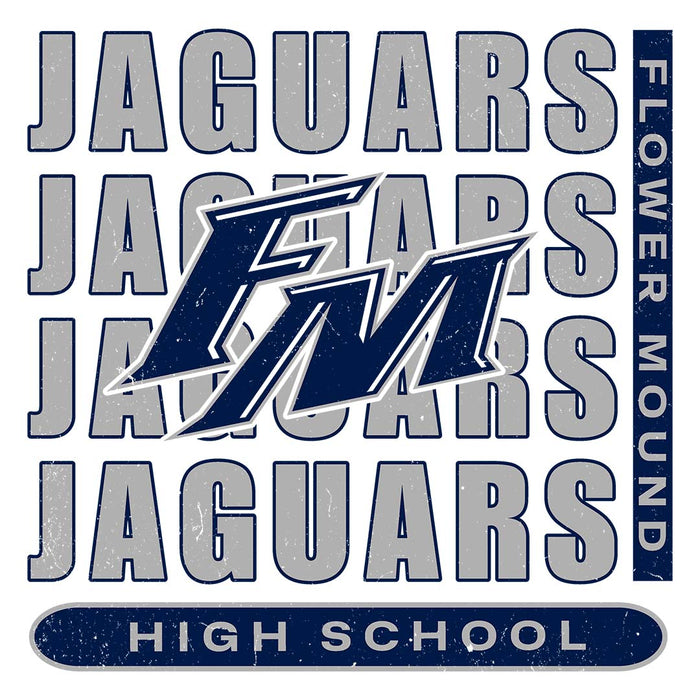 Close-up view of Flower Mound High School Jaguars Unisex 3/4 sleeve Raglan T-shirt 236