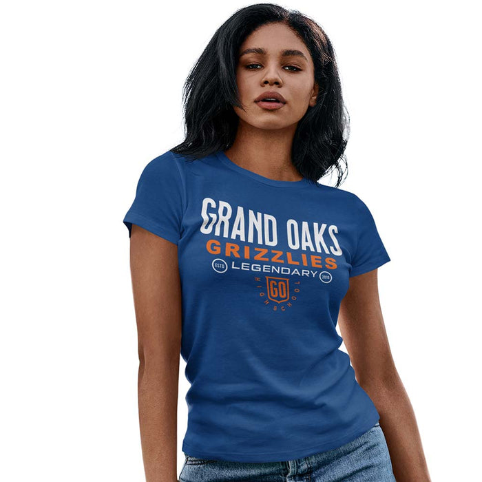 Woman wearing a Grand Oaks High School Grizzlies Women's Royal T-shirt 03